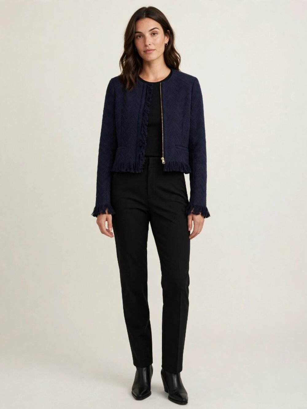 DEREK LAM 10 CROSBY Navy Fringe Cropped Jacket | Textured Zip | Women 8